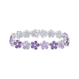 Pear-Shaped Amethyst & Diamond Flower Link Bracelet 1/8 ct tw Sterling Silver 7"