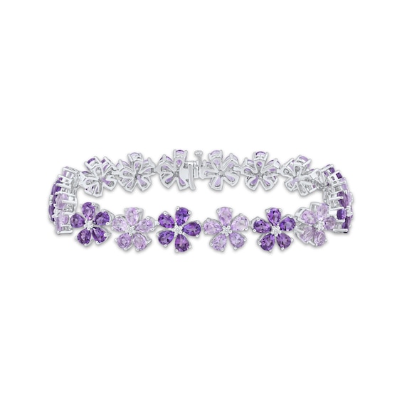 Pear-Shaped Amethyst & Diamond Flower Link Bracelet 1/8 ct tw Sterling Silver 7"