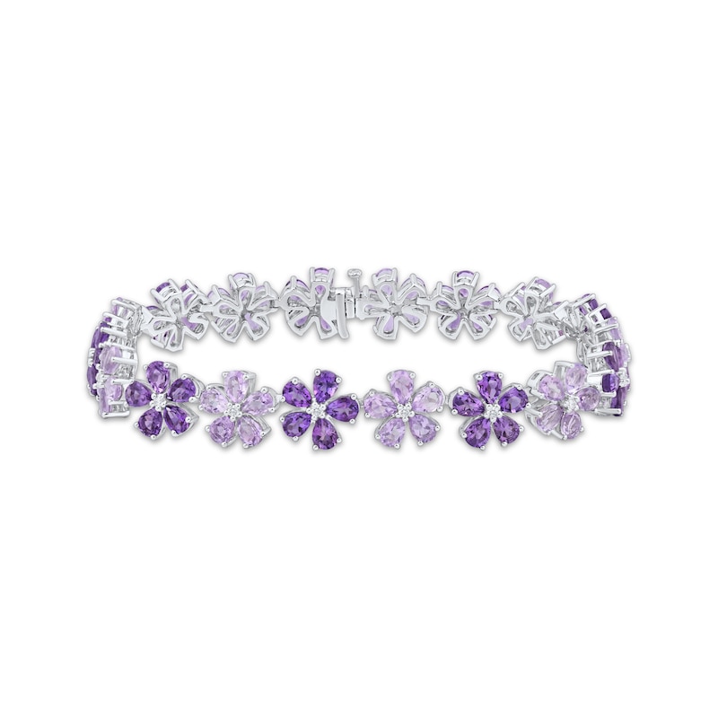 Main Image 1 of Pear-Shaped Amethyst & Diamond Flower Link Bracelet 1/8 ct tw Sterling Silver 7"