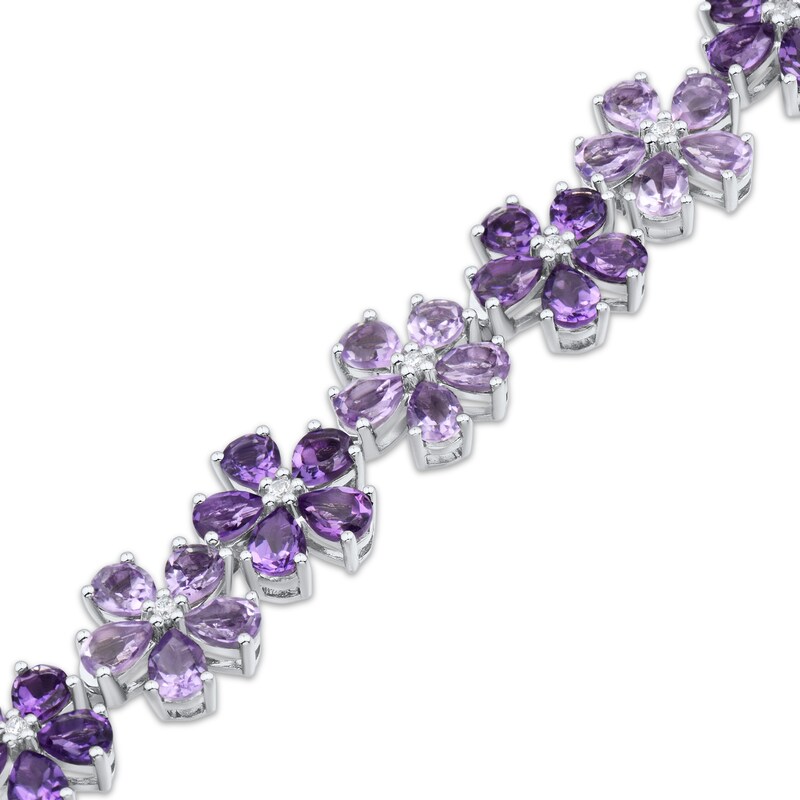 Main Image 2 of Pear-Shaped Amethyst & Diamond Flower Link Bracelet 1/8 ct tw Sterling Silver 7"
