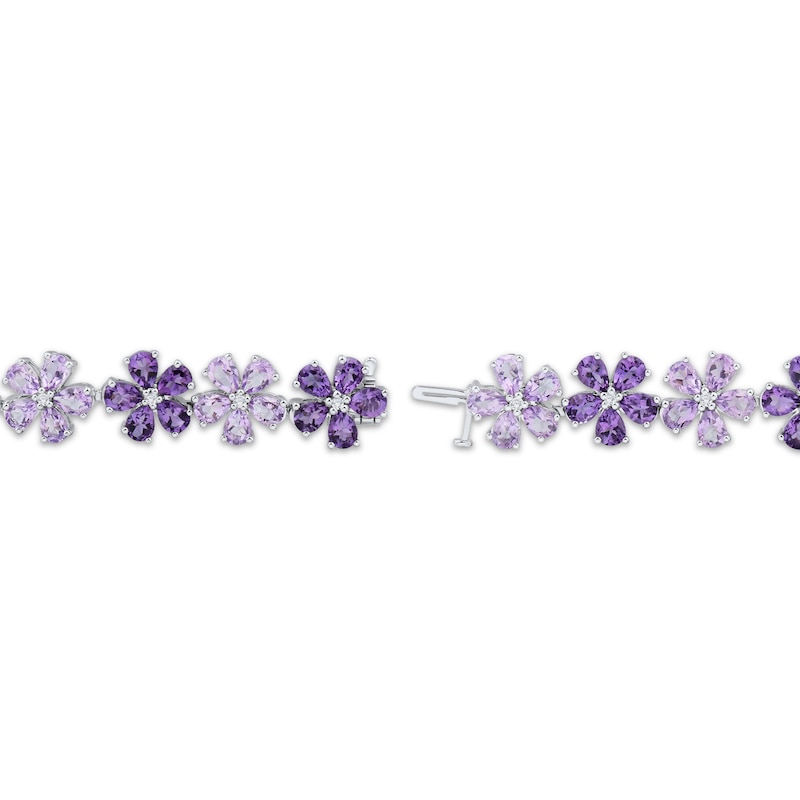 Main Image 3 of Pear-Shaped Amethyst & Diamond Flower Link Bracelet 1/8 ct tw Sterling Silver 7"