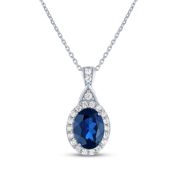Oval-Cut Blue Lab-Created Sapphire & White Lab-Created Sapphire Halo Necklace Sterling Silver 16.27"