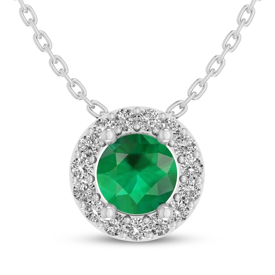 Lab-Created Emerald & White Lab-Created Sapphire Halo Necklace Sterling Silver 18"