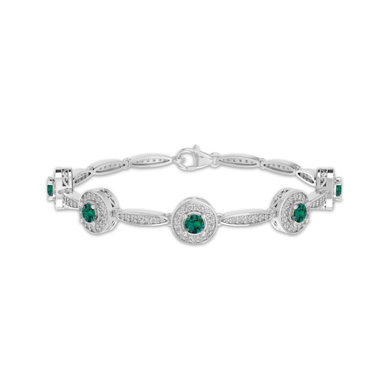 Lab-Created Emerald & White Lab-Created Sapphire Link Bracelet 7.25"