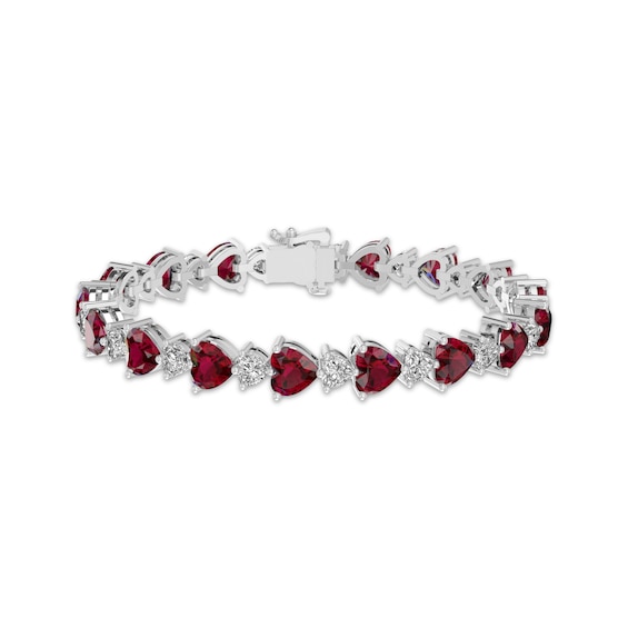 Heart-Shaped Garnet & White Lab-Created Sapphire Link Bracelet Sterling Silver 7.25"