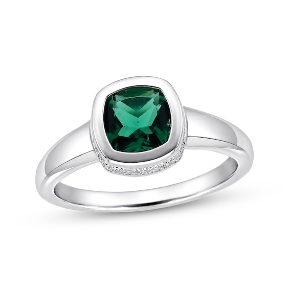 Cushion-Cut Lab-Created Emerald & White Lab-Created Sapphire Hidden Halo Ring Sterling Silver