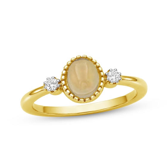 Oval-Shaped Created Opal & Diamond Three-Stone Ring 1/20 ct tw 10K Yellow Gold