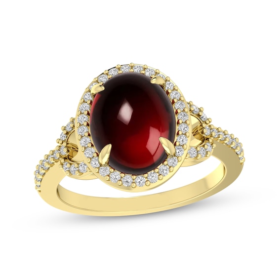 Natural Oval-Shaped Garnet Cabochon & White Lab-Created Sapphire Ring 18K Yellow Gold-Plated Sterling Silver