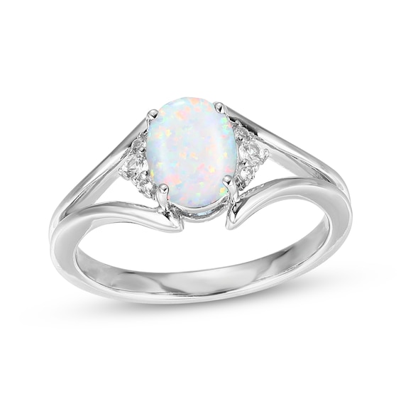 Oval-Cut Lab-Created Opal & White Lab-Created Sapphire Ring Sterling Silver
