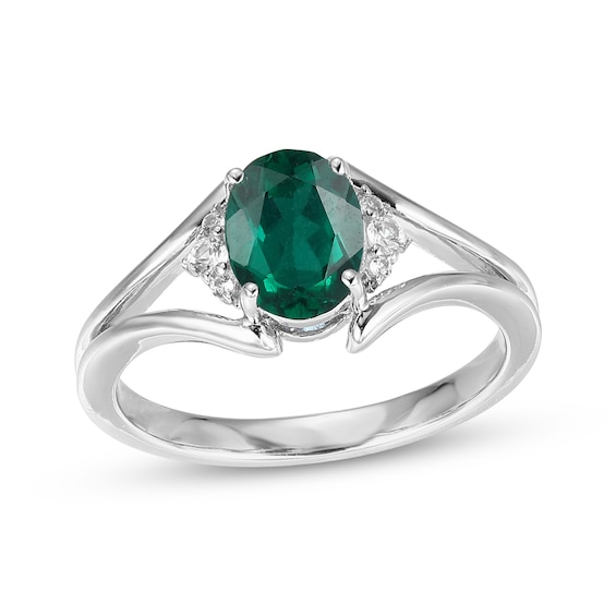 Oval-Cut Lab-Created Emerald & White Lab-Created Sapphire Ring Sterling Silver