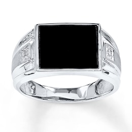 Men's Black Onyx Ring Diamond Accents 14K White Gold