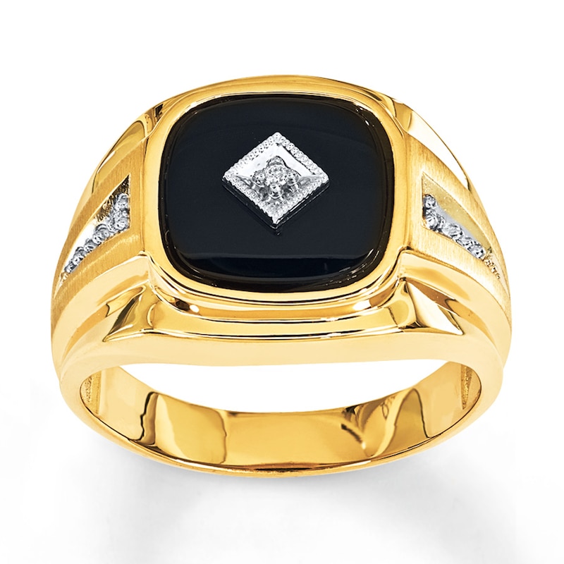 Men's Black Onyx Ring Diamond Accents 14K Yellow Gold