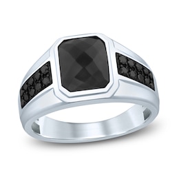 Men's Black Onyx & Black Diamond Ring 1/4 ct tw Round-cut 10K White Gold