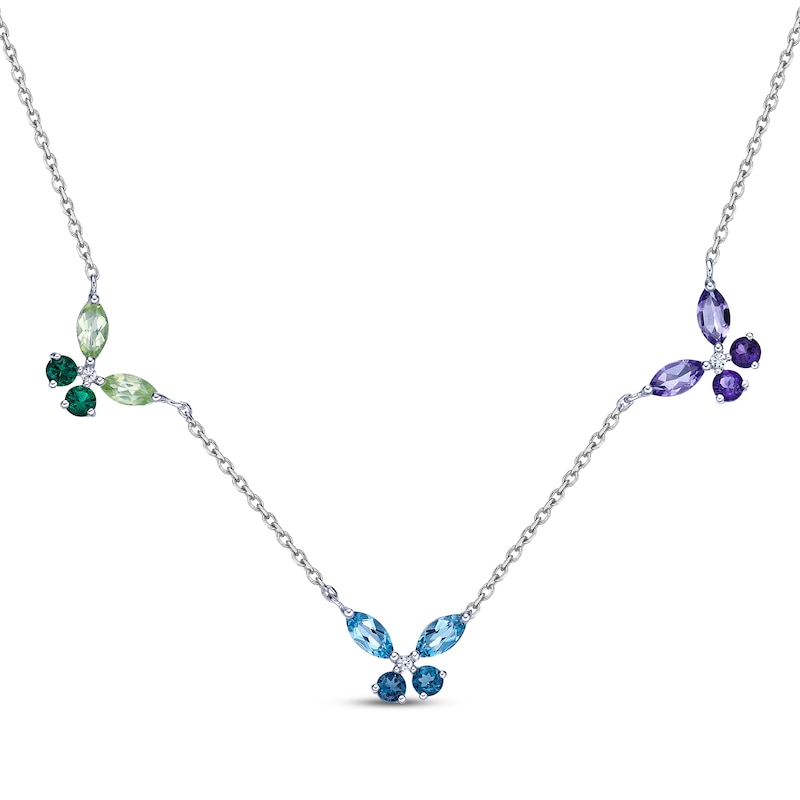 Marquise & Round Lab-Created Emerald & Sapphire and Peridot, Blue Topaz & Amethyst Butterfly Necklace Sterling Silver 18"