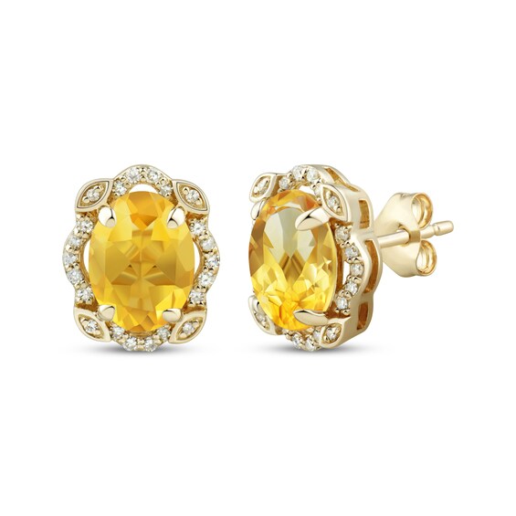 Oval-Cut Citrine & Diamond Scallop Frame Stud Earrings 1/8 ct tw 10K Yellow Gold