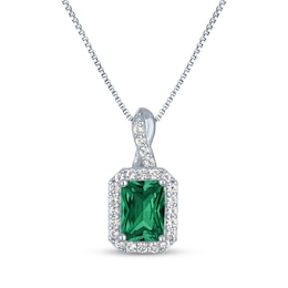 Emerald-Cut Lab-Created Emerald & White Lab-Created Sapphire Necklace Sterling Silver 18"