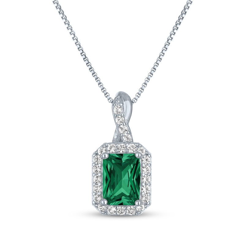 Main Image 1 of Emerald-Cut Lab-Created Emerald & White Lab-Created Sapphire Necklace Sterling Silver 18"