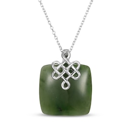 Cushion-Shaped Nephrite Jade Lucky Knot Necklace Sterling Silver 18"