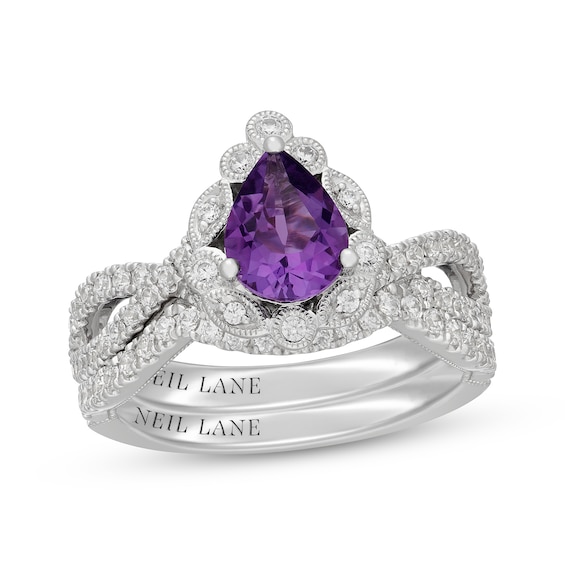Neil Lane Pear-Shaped Amethyst & Diamond Halo Bridal Set 5/8 ct tw 14K White Gold