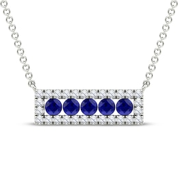 Natural Blue Sapphire & Diamond Rectangle Frame Necklace 1/6 ct tw 14K White Gold 18"