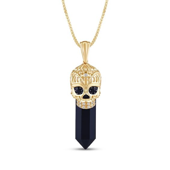 Black Onyx & Diamond Skull Necklace 1/6 ct tw 10K Yellow Gold 22"