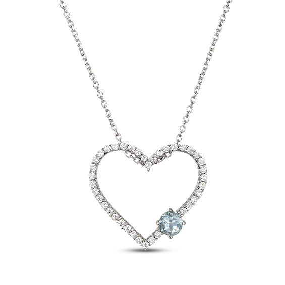 Aquamarine & White Lab-Created Sapphire Heart Necklace Sterling Silver 18"