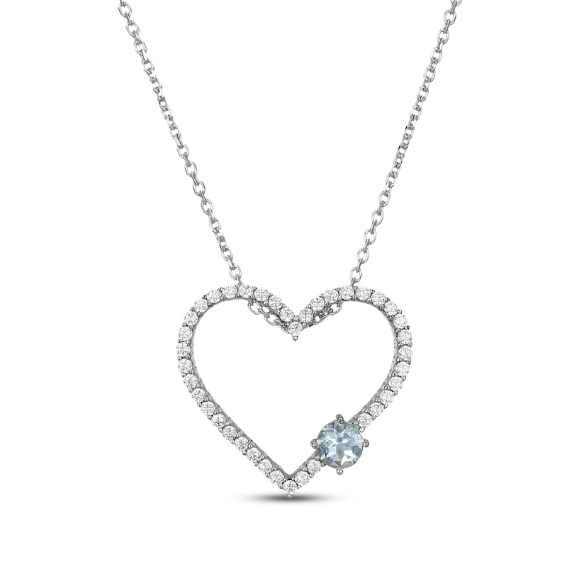 Main Image 1 of Aquamarine & White Lab-Created Sapphire Heart Necklace Sterling Silver 18"