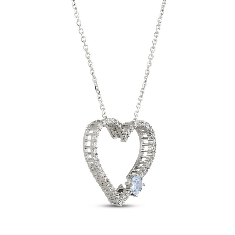 Main Image 2 of Aquamarine & White Lab-Created Sapphire Heart Necklace Sterling Silver 18"
