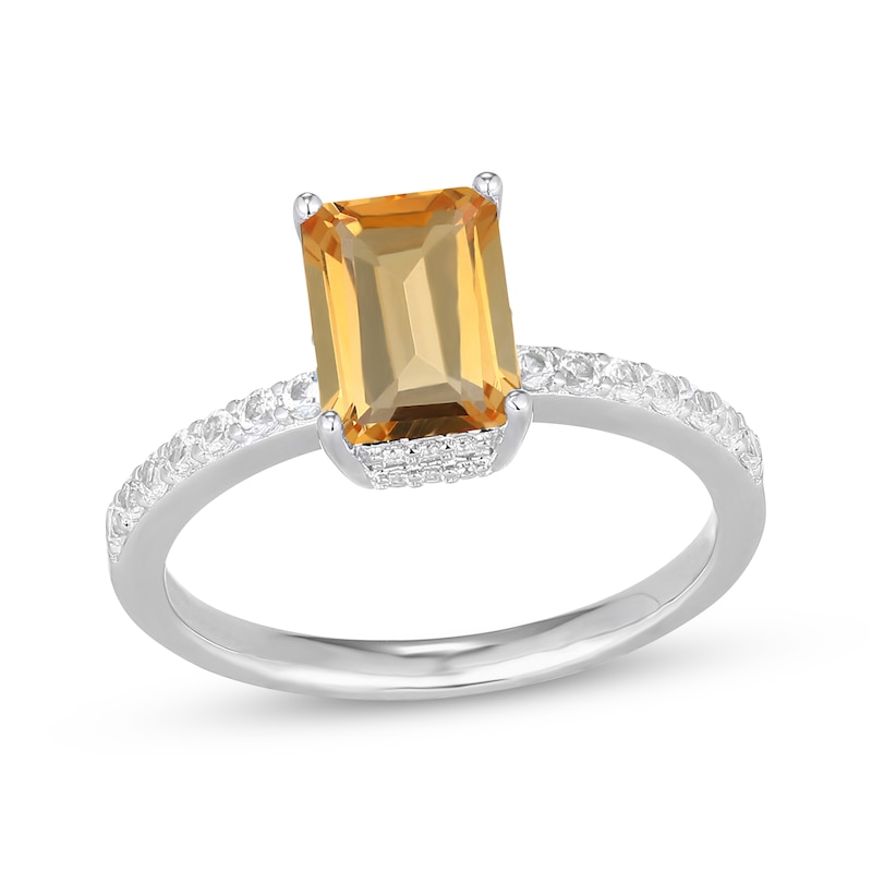 Main Image 1 of Emerald-Cut Citrine & White Lab-Created Sapphire Hidden Halo Ring Sterling Silver