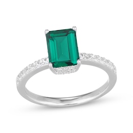 Emerald-Cut Lab-Created Emerald & White Lab-Created Sapphire Hidden Halo Ring Sterling Silver