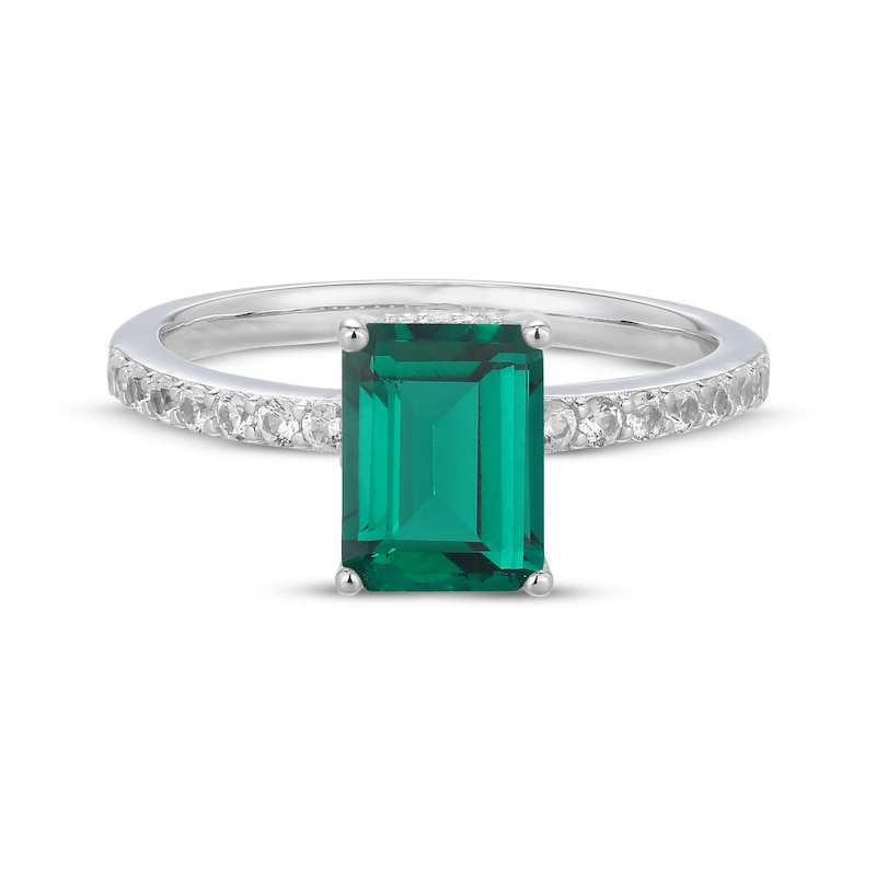 Main Image 3 of Emerald-Cut Lab-Created Emerald & White Lab-Created Sapphire Hidden Halo Ring Sterling Silver