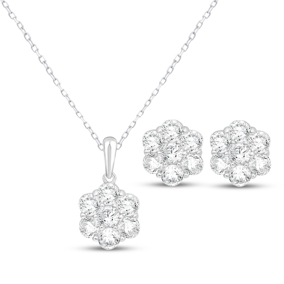 Lab-Grown Diamond Flower Necklace & Stud Earrings Gift Set 2 ct tw 10K White Gold