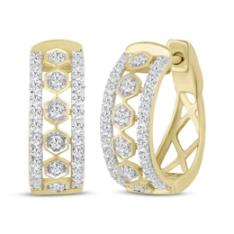 Diamond Hexagon Frame Huggie Hoop Earrings 1/4 ct tw 10K Yellow Gold
