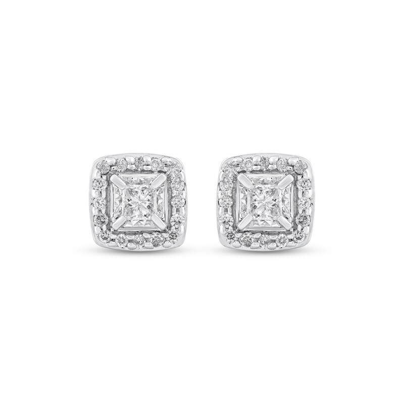 Main Image 2 of Princess-Cut Diamond Cushion Halo Stud Earrings 3/8 ct tw 10K White Gold