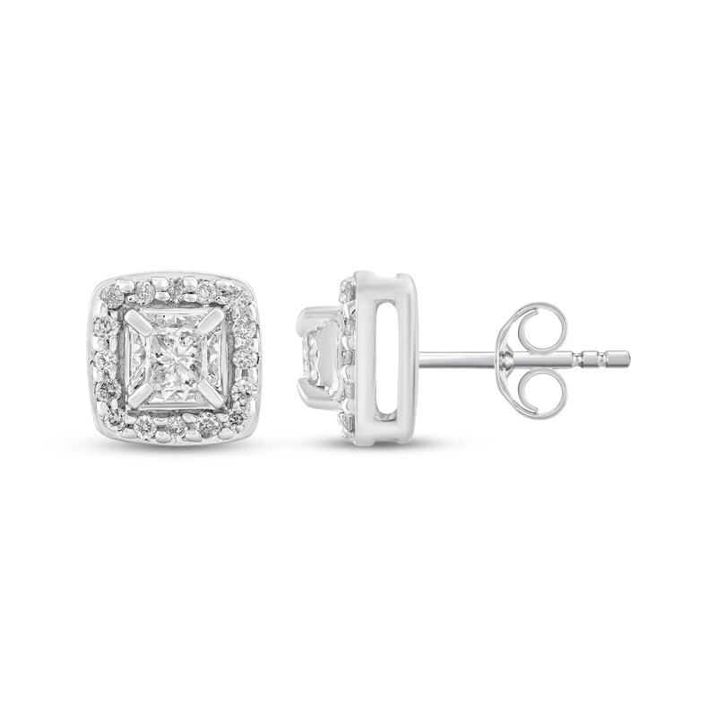 Main Image 3 of Princess-Cut Diamond Cushion Halo Stud Earrings 3/8 ct tw 10K White Gold
