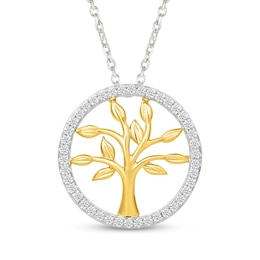 Diamond Tree of Life Circle Necklace 1/6 ct tw Sterling Silver & 10K Yellow Gold 18"