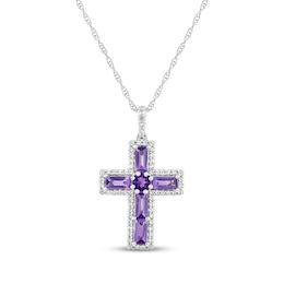 Baguette-Cut Amethyst & White Topaz Cross Necklace Sterling Silver 18"