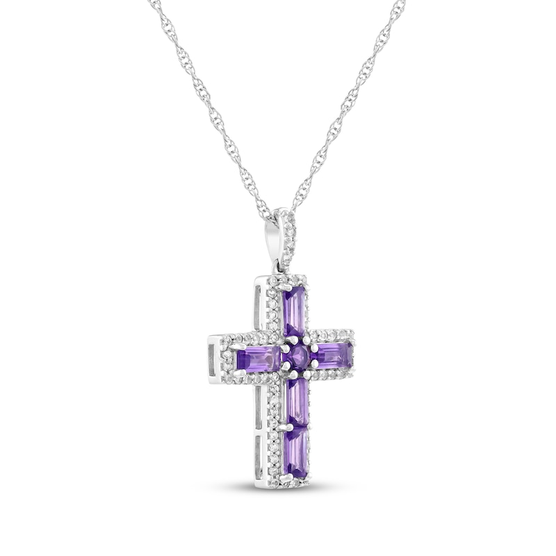 Main Image 2 of Baguette-Cut Amethyst & White Topaz Cross Necklace Sterling Silver 18"