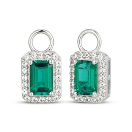 Emerald-Cut Lab-Created Emerald & White Lab-Created Sapphire Halo Earring Charm Sterling Silver