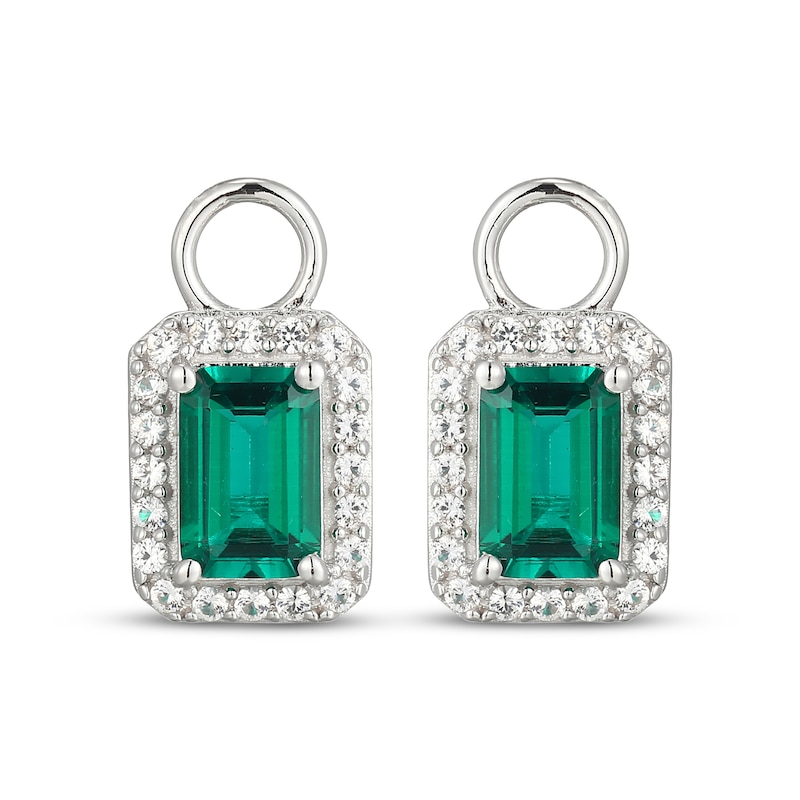 Main Image 2 of Emerald-Cut Lab-Created Emerald & White Lab-Created Sapphire Halo Earring Charm Sterling Silver