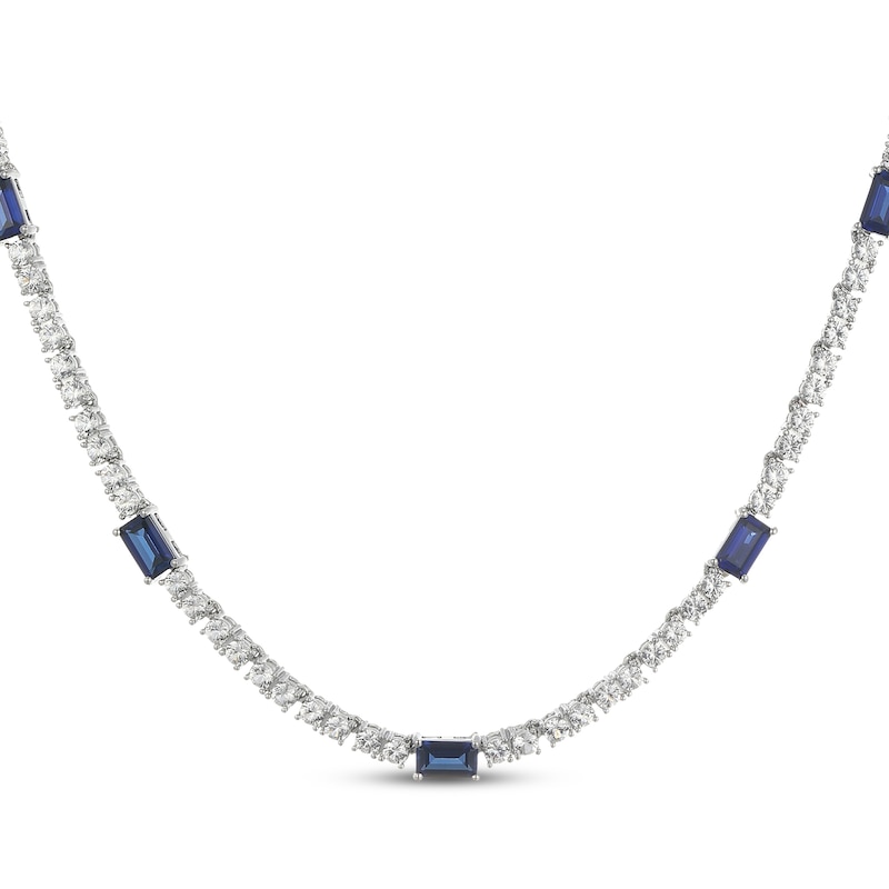Main Image 1 of Emerald-Cut Blue Lab-Created Sapphire & White Lab-Created Sapphire Station Necklace Sterling Silver 18"