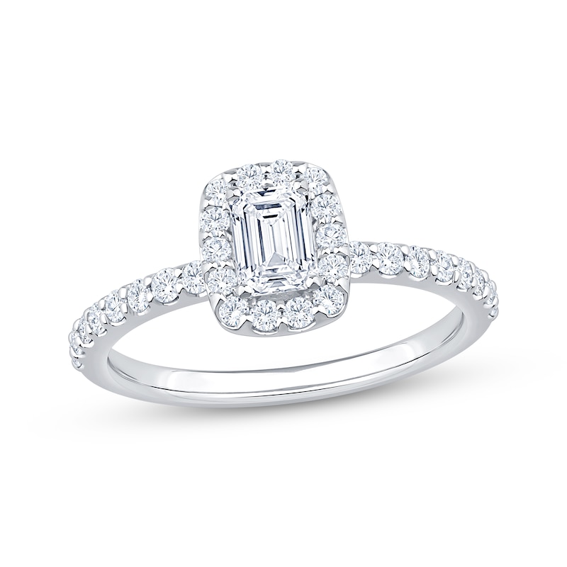 Main Image 1 of Lab-Grown Diamonds Emerald-Cut Halo Engagement Ring 1 ct tw 14K White Gold