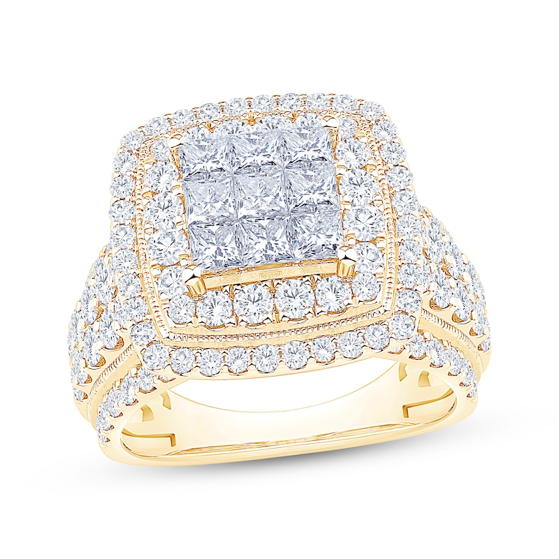 Main Image 1 of Princess-Cut Multi-Diamond Double Halo Engagement Ring 3 ct tw 10K Yellow Gold