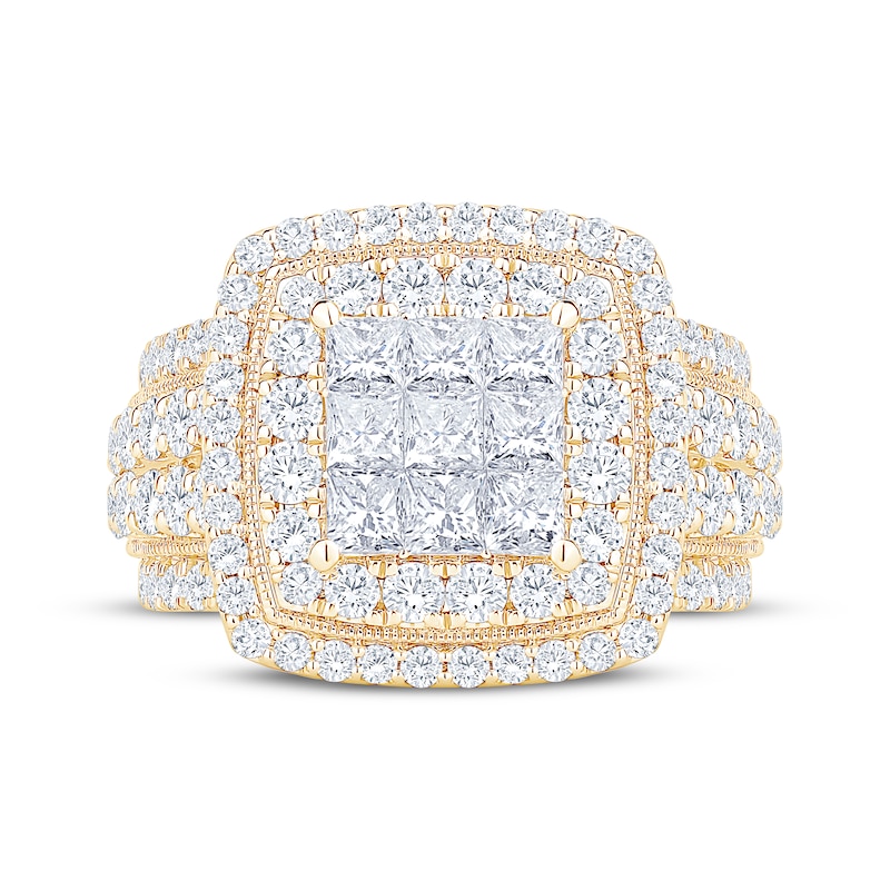Main Image 3 of Princess-Cut Multi-Diamond Double Halo Engagement Ring 3 ct tw 10K Yellow Gold