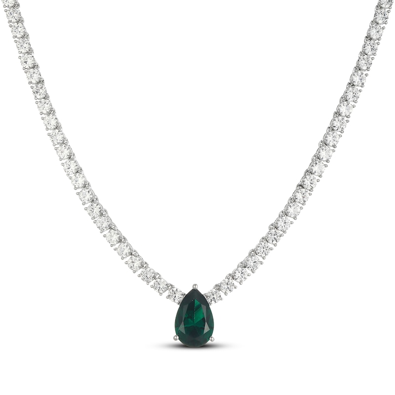 Main Image 2 of Pear-Shaped Lab-Created Emerald & White Lab-Created Sapphire Necklace Sterling Silver 18"