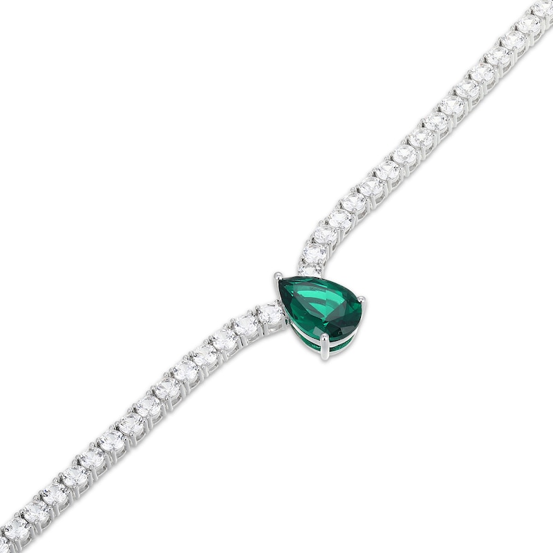 Main Image 3 of Pear-Shaped Lab-Created Emerald & White Lab-Created Sapphire Necklace Sterling Silver 18"