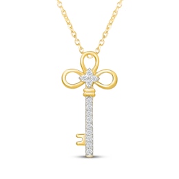 Diamond Clover-Top Key Necklace 1/15 ct tw 10K Yellow Gold 18"