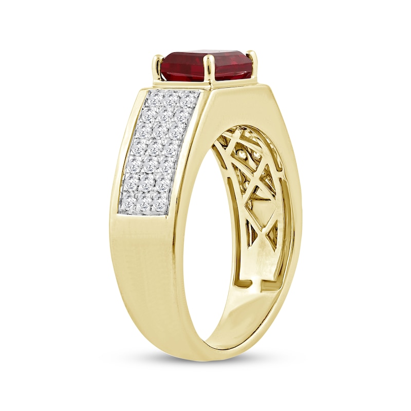 Main Image 2 of Men's Emerald-Cut Lab-Created Ruby & Diamond Ring 1/2 ct tw 10K Yellow Gold