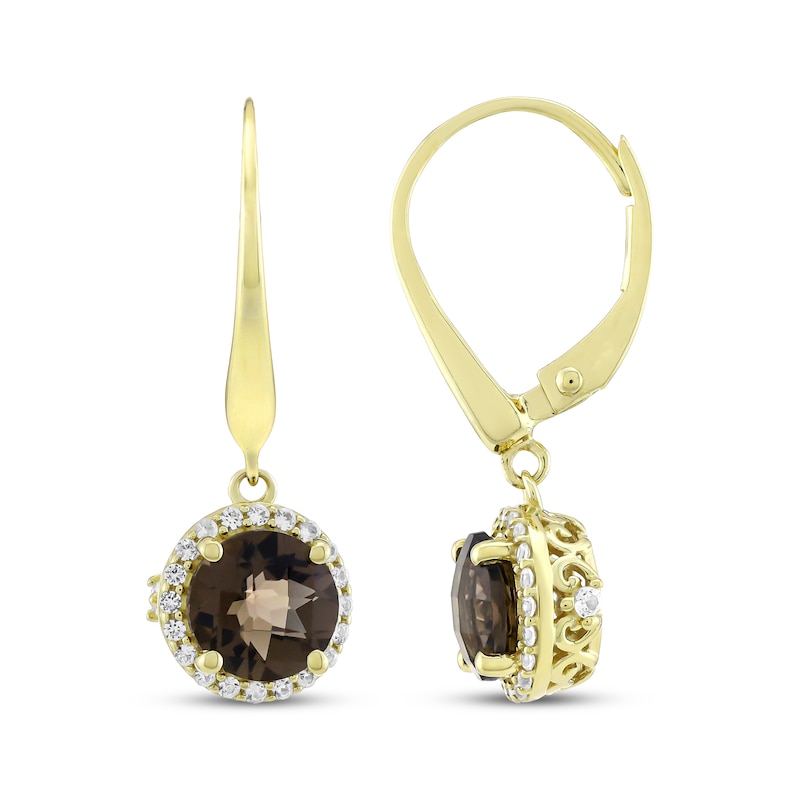 Main Image 3 of Smoky Quartz & White Lab-Created Sapphire Halo Drop Earrings 24K Yellow Gold Vermeil Sterling Silver