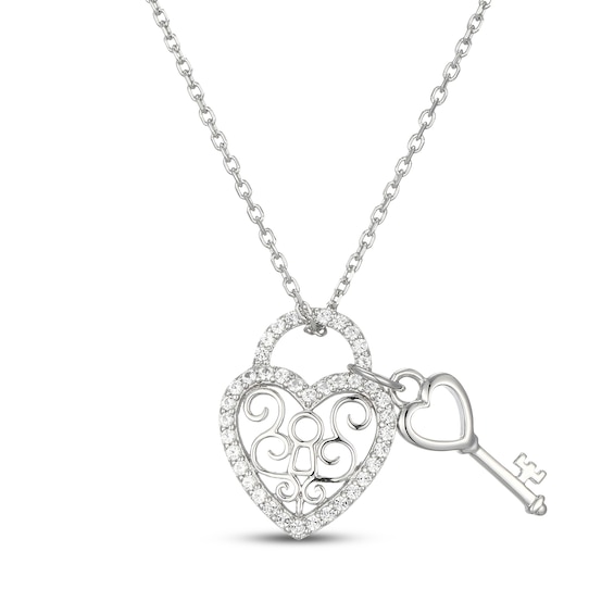 White Lab-Created Sapphire Heart-Shaped Filigree Lock & Key Charm Necklace Sterling Silver 18"